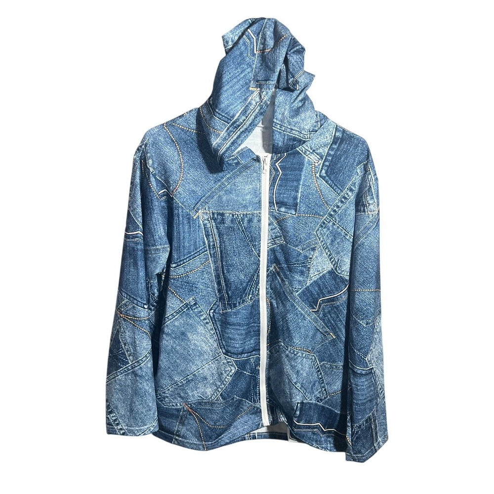 Unisex Denim Patchwork Print Hoodie Jacket‎ Full Zip Polyester Size M Casual